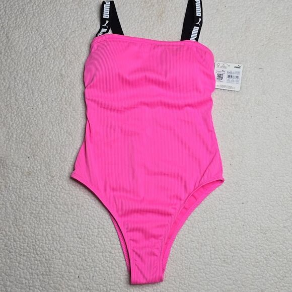 PUMA Women Swimsuit Pink Stretch Chlorine Resistant Summer One Piece Sz Med - Picture 1 of 5